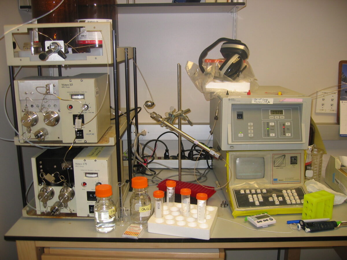 High-performance liquid chromatography system illustrating analytical testing reported on peptide certificates of analysis