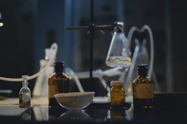 Laboratory chemistry equipment illustrating peptide synthesis and purification workflows